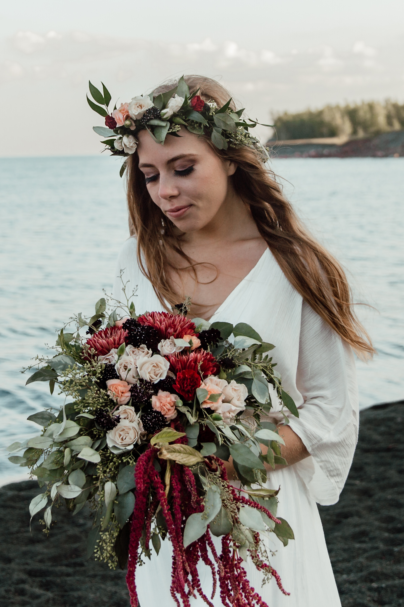 moody floral bouquet with flower crown for beachside elopement 