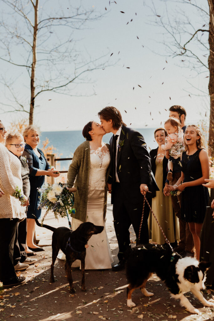 friends and family throwing confetti as the married couple walks through their isle with their dogs 