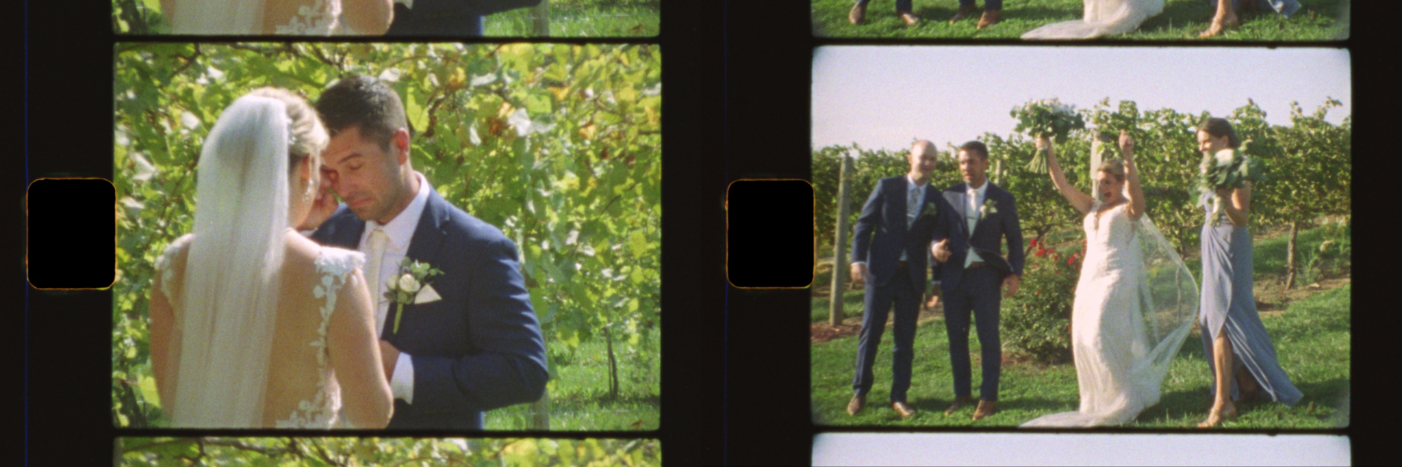super 8 stills of a Minnesota vineyard wedding first look and just married celebrating